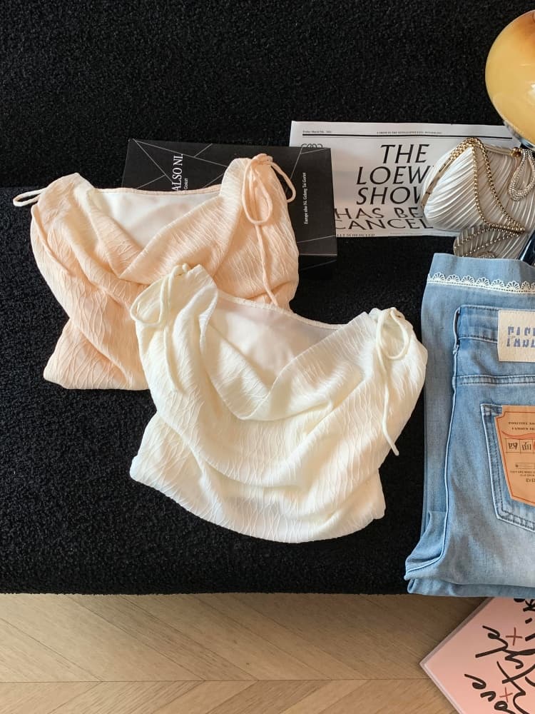 실사 부드러운 바람 질감 센스 흔들다 칼라 디자인 센스 작은 대중 여성 여름 Chic 주름 반팔 얇은 스타일 쉬폰 톱 상세 이미지 2