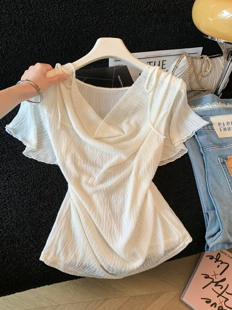 실사 부드러운 바람 질감 센스 흔들다 칼라 디자인 센스 작은 대중 여성 여름 Chic 주름 반팔 얇은 스타일 쉬폰 톱 상세 이미지 3
