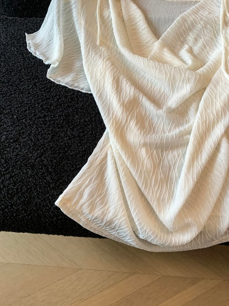실사 부드러운 바람 질감 센스 흔들다 칼라 디자인 센스 작은 대중 여성 여름 Chic 주름 반팔 얇은 스타일 쉬폰 톱 상세 이미지 7