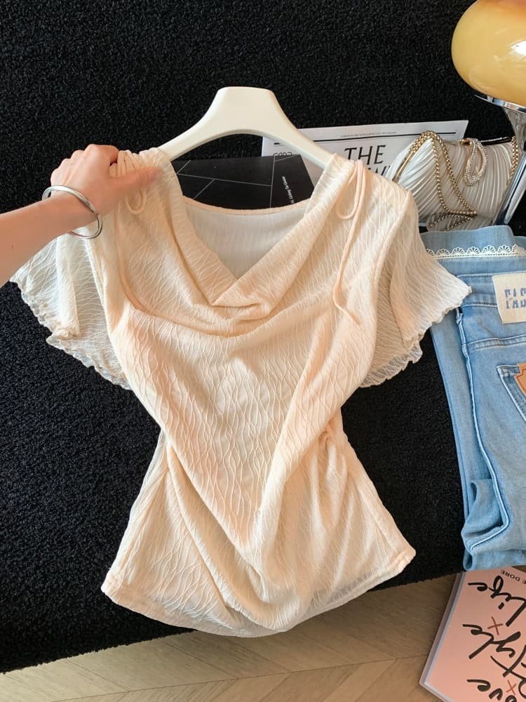 실사 부드러운 바람 질감 센스 흔들다 칼라 디자인 센스 작은 대중 여성 여름 Chic 주름 반팔 얇은 스타일 쉬폰 톱 상세 이미지 11
