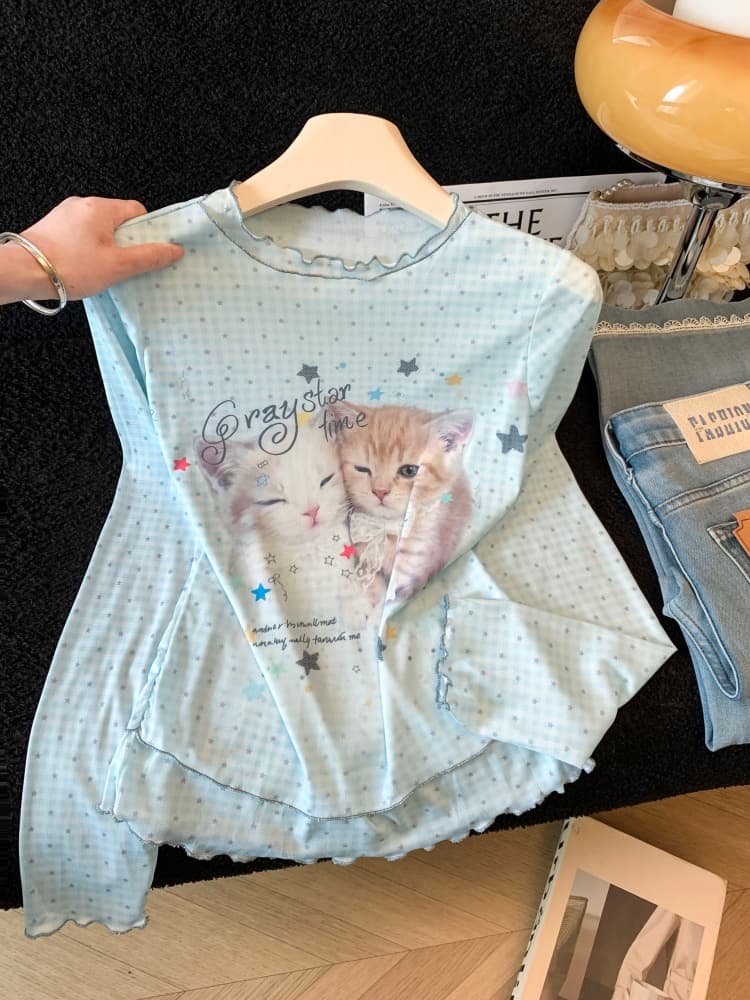 실사 페이크 레이어드 귀여운 고양이 긴팔 티셔츠 여성 2026 조기 가을 도트 무늬 몸매 가꾸기 아름다운 만나는 맨위 상세 이미지 2