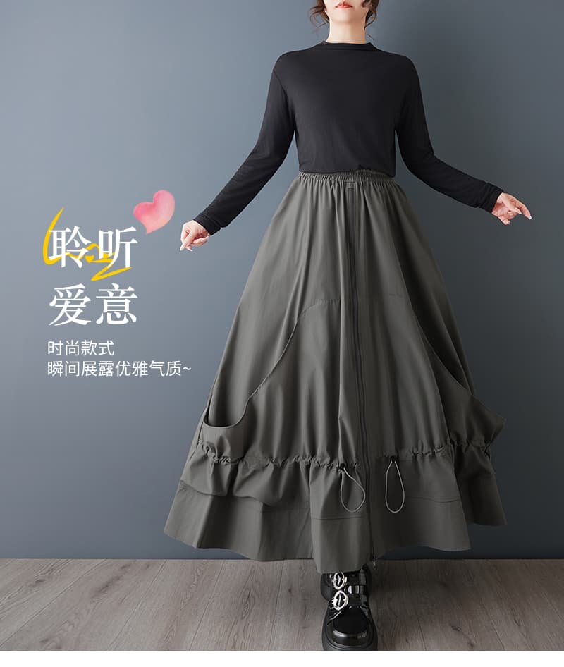 실사 봄 여름 새로운 일본식 지퍼 패치 빅 사이즈 여성 의류 치마 패션 루즈핏 슬림해 보이는 다용도 반신 롱 스커트 상세 이미지 1