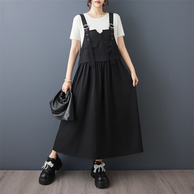 실사 여름 드레스 새로운 다크 바람 워크웨어 멜빵 드레스 패션 다용도 슬림해 보이는 루즈핏 빅 사이즈 A라인 스커트 이미지 3