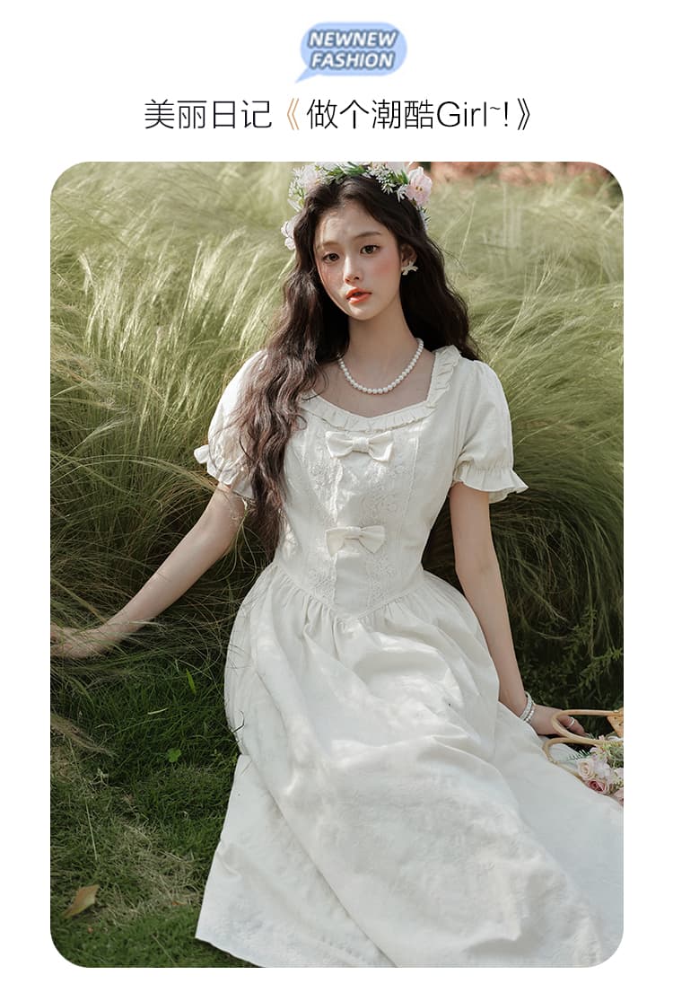 재스민 우유 화이트 문예 레트로 프랑스식 자카드 스트랩 드레스 나비 매듭 연령 감소 슬림해 보이는 디자인 센스 롱 스커트 상세 이미지 3