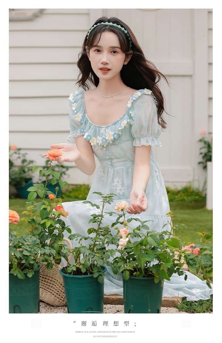 파란색 반팔 광장 칼라 롱 코트 허리 수축 여성 드레스 여름 프랑스식 레트로 품격 하이웨이스트 치마 상세 이미지 22
