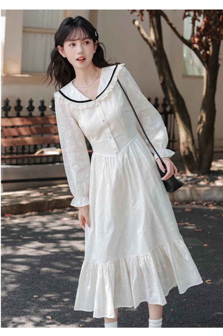 문예 레트로 프랑스식 허리 수축 품격 해군 칼라 자수 여성 드레스 부드러운 바람 레이스 슬림해 보이는 허리 수축 롱 스커트 상세 이미지 14