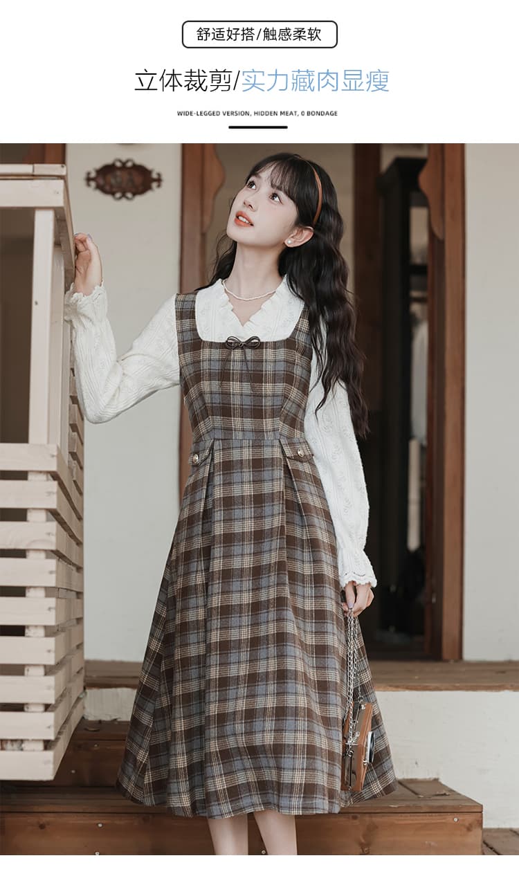 프랑스식 레트로 페이크 레이어드 체크무늬 여성 드레스 가을 겨울철 새로운 기본 스커트 허리 수축 슬림해 보이는 롱 스커트 상세 이미지 3