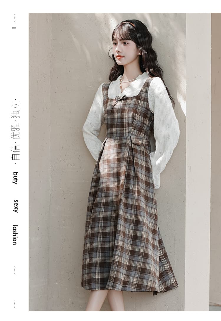 프랑스식 레트로 페이크 레이어드 체크무늬 여성 드레스 가을 겨울철 새로운 기본 스커트 허리 수축 슬림해 보이는 롱 스커트 상세 이미지 14