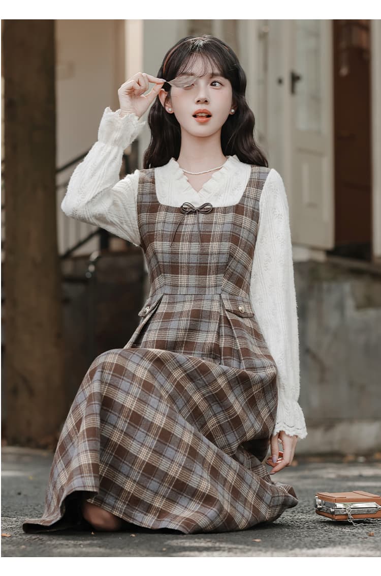 프랑스식 레트로 페이크 레이어드 체크무늬 여성 드레스 가을 겨울철 새로운 기본 스커트 허리 수축 슬림해 보이는 롱 스커트 상세 이미지 22