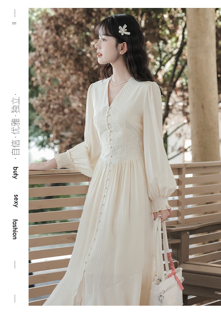 프랑스식 드레스 이른 가을 착용 가져 가라. V넥 자수 긴팔 무거운 작업 자수 아름다운 레트로 품격 롱 스커트 상세 이미지 17