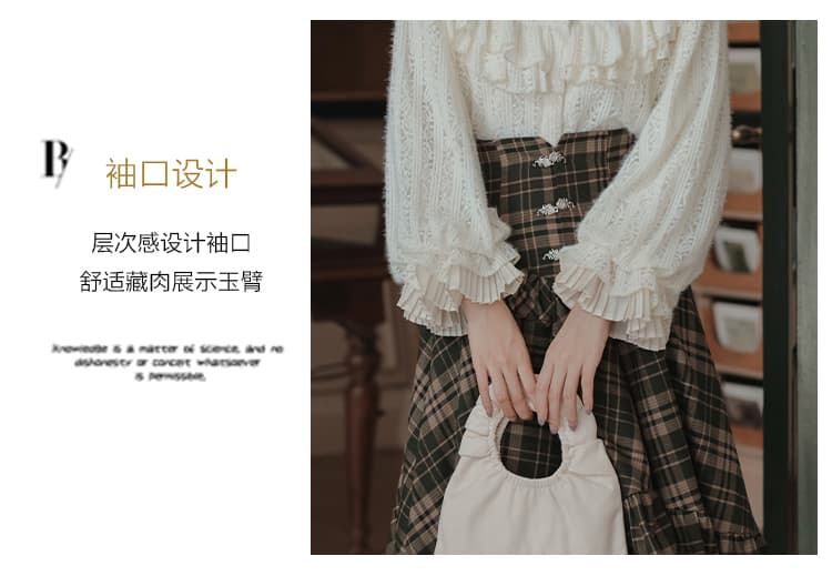 제니 ~ 중 정원 프랑스식 레트로 궁정 두꺼운 연삭 털 레이스 벌룬 소매 셔츠 가을 겨울 상세 이미지 7