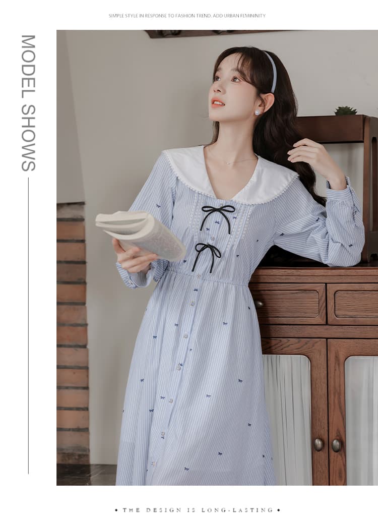 학원 스타일 해군 칼라 긴팔 여성 드레스 가을 작은 청신 연령 감소 나비 매듭 스트라이프 롱 스커트 상세 이미지 19