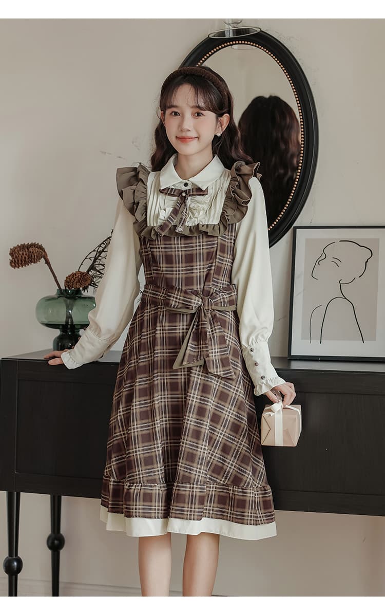 새로운 레트로 브라운 허리 수축 드레스 모든 레벨 연령 감소 페이크 레이어드 학원 스타일 허리 수축 슬림해 보이는 치마 빛 lolita 상세 이미지 23