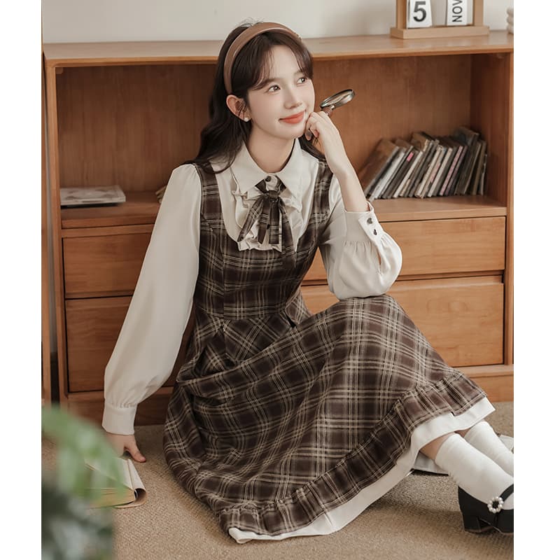 프랑스식 페이크 레이어드 레트로 체크무늬 아름다운 작은 드레스 여성 의류 봄 가을 학원 스타일 치마 작은 키 이미지 3