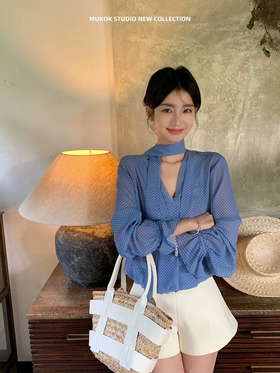 남쪽 법 휴일 파란색 도트 무늬 얇고 가벼운 V 넥 셔츠 여성 긴 소매 봄 여름 새로운 이미지 2