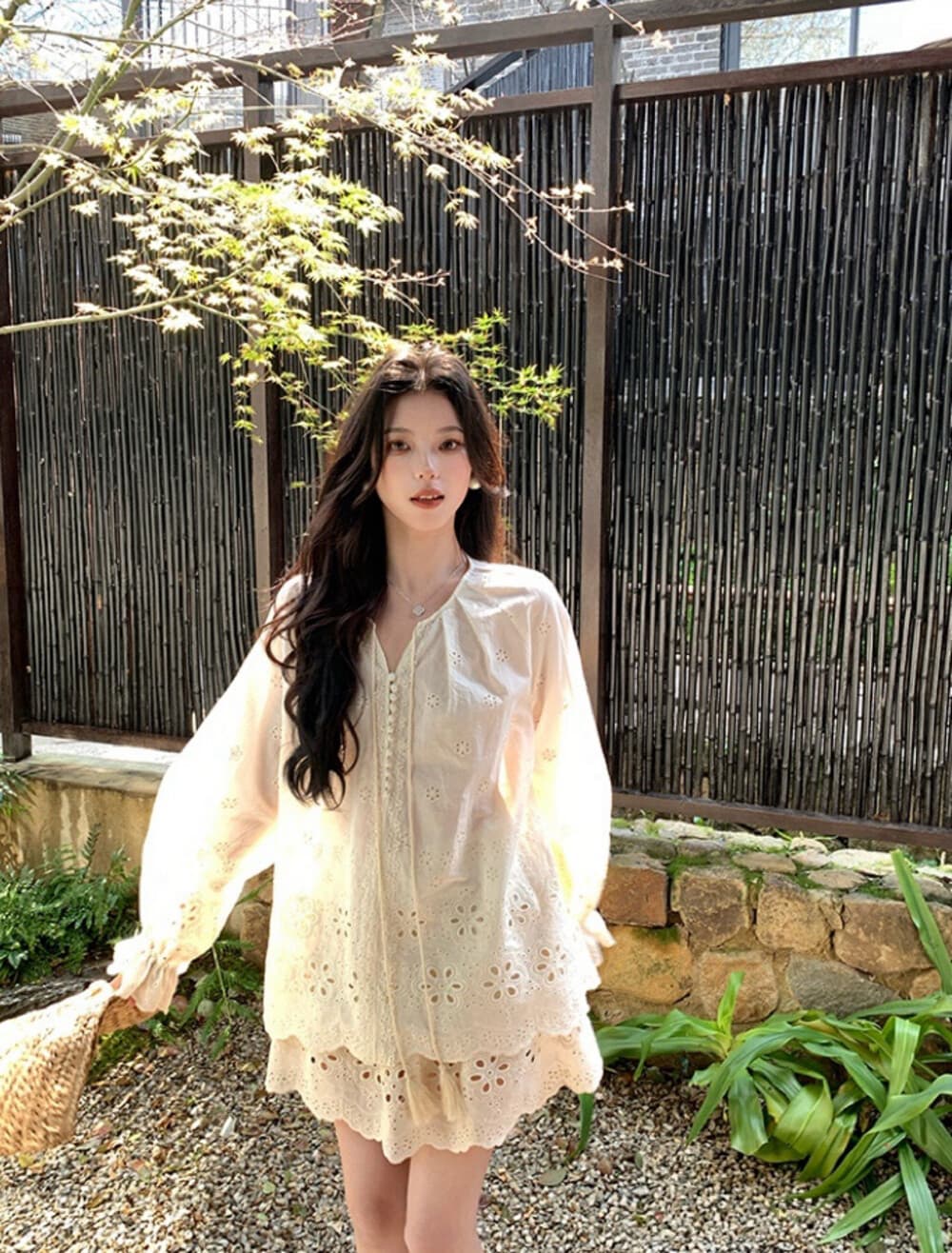 2026 봄 여름 새로운 디자인 센스 홀로우 아웃 레이스 맨위 반신 치마 세트 여성 상세 이미지 1