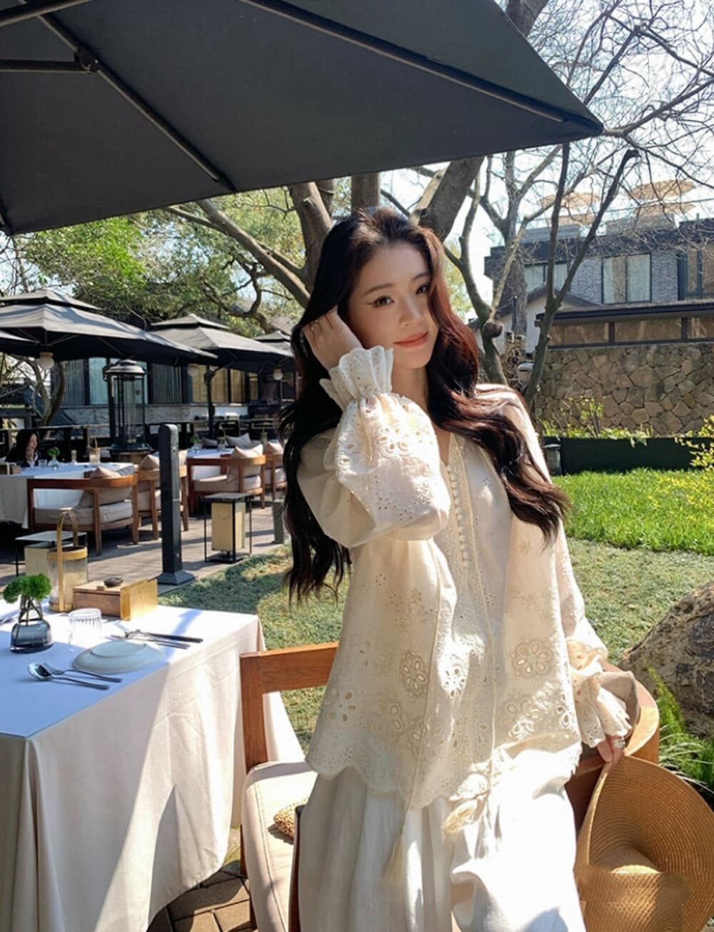 2026 봄 여름 새로운 디자인 센스 홀로우 아웃 레이스 맨위 반신 치마 세트 여성 상세 이미지 4