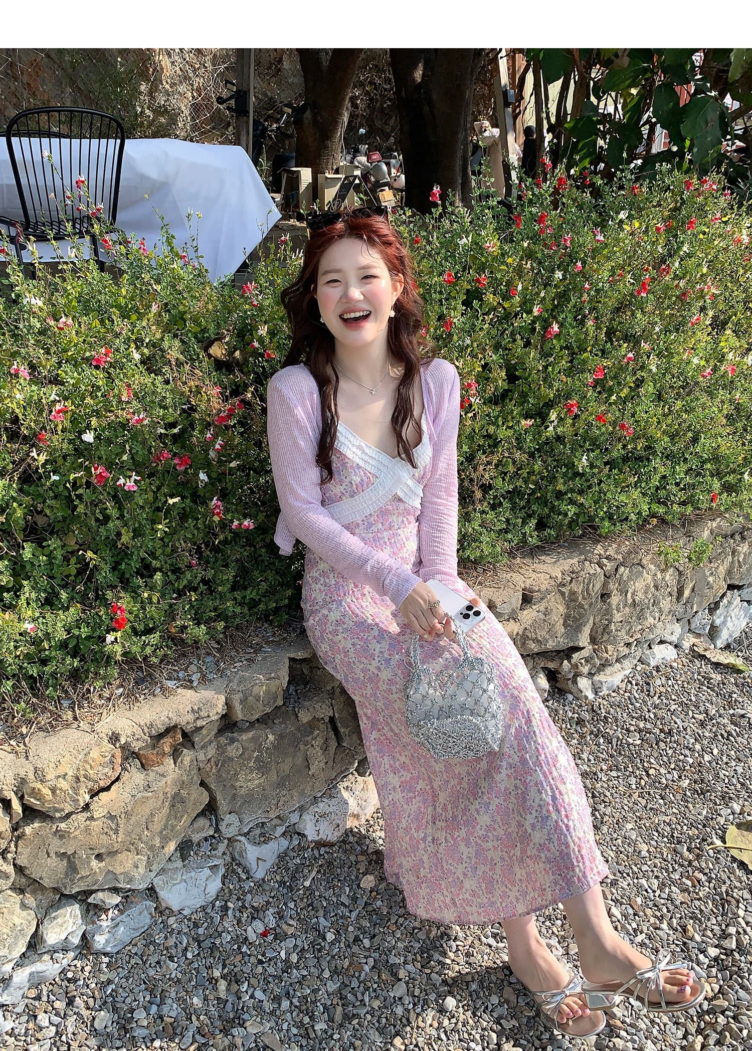 화재 화재 화재 꽃무늬 슬립 드레스 자외선 차단 오픈 가디건 투피스 세트 세트 상세 이미지 22