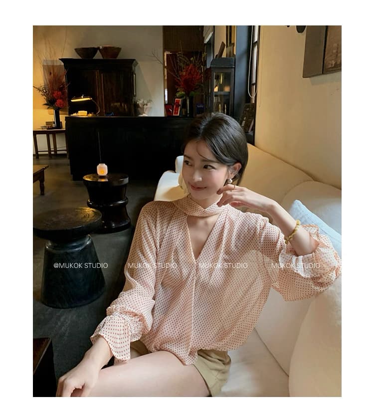 핑크색 도트 무늬 긴팔 V넥 여성 셔츠 리본 봄 여름 새로운 얇고 가벼운 마이크로 ~을 통해 작은 셔츠 맨위 이미지 5