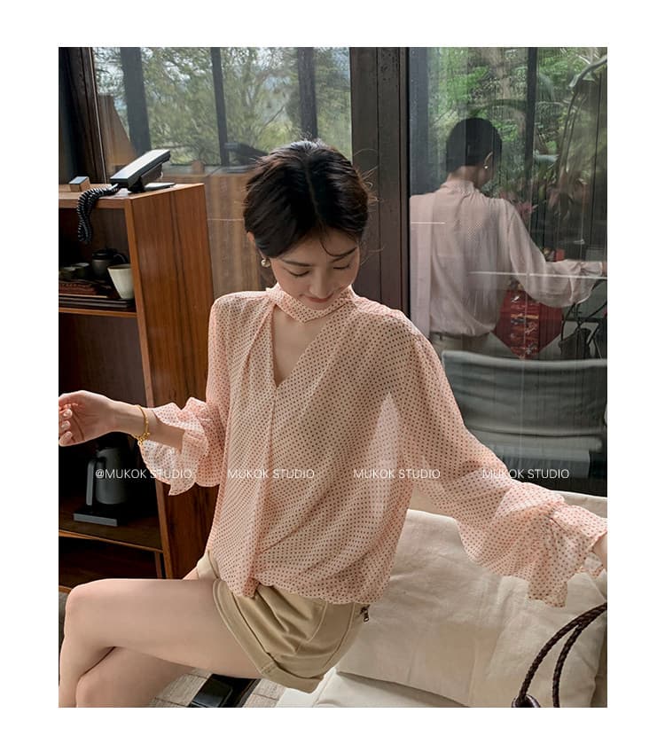 핑크색 도트 무늬 긴팔 V넥 여성 셔츠 리본 봄 여름 새로운 얇고 가벼운 마이크로 ~을 통해 작은 셔츠 맨위 상세 이미지 13