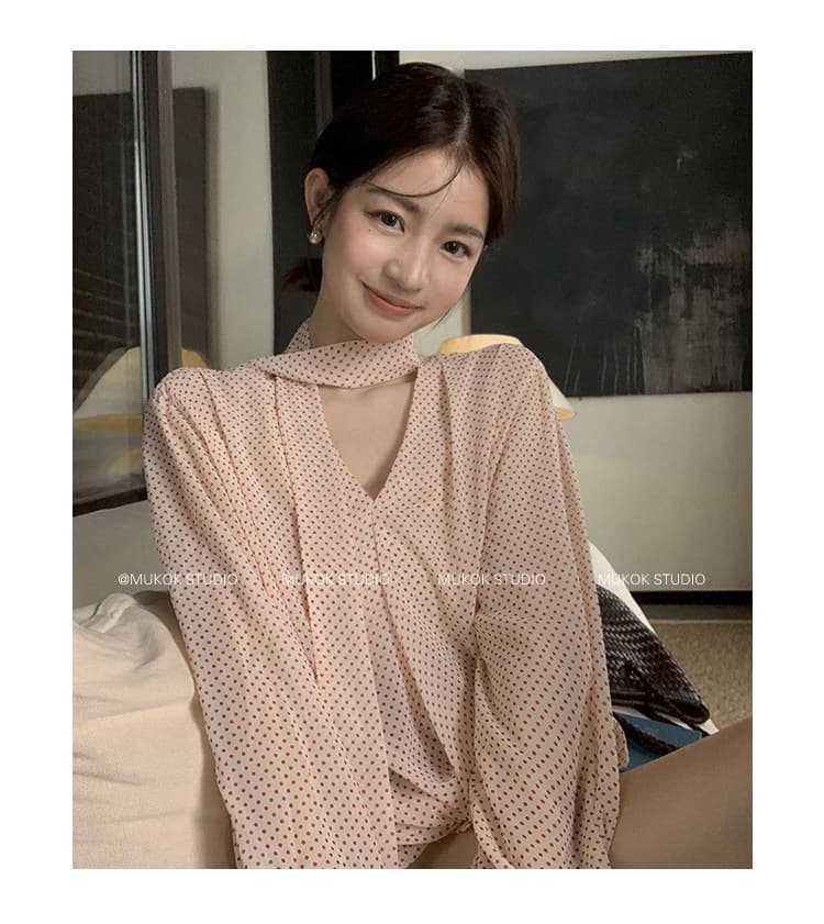 핑크색 도트 무늬 긴팔 V넥 여성 셔츠 리본 봄 여름 새로운 얇고 가벼운 마이크로 ~을 통해 작은 셔츠 맨위 상세 이미지 15