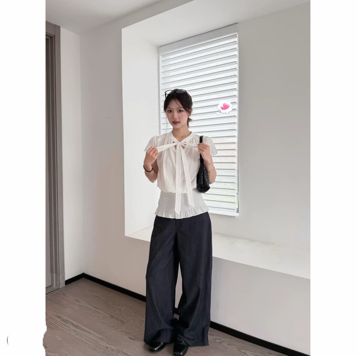 새로운 둘 착용 스탠드 칼라 리본 셔츠 상세 이미지 3