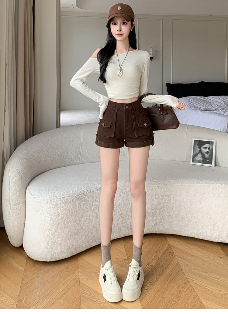 봄 여름 새로운 아메리칸 워크웨어 데님 반바지 여성 하이웨이스트 한 마디 슬림해 보이는 뒤집다 측면 신축성 핫걸 타이트 스커트 핫 바지 상세 이미지 23