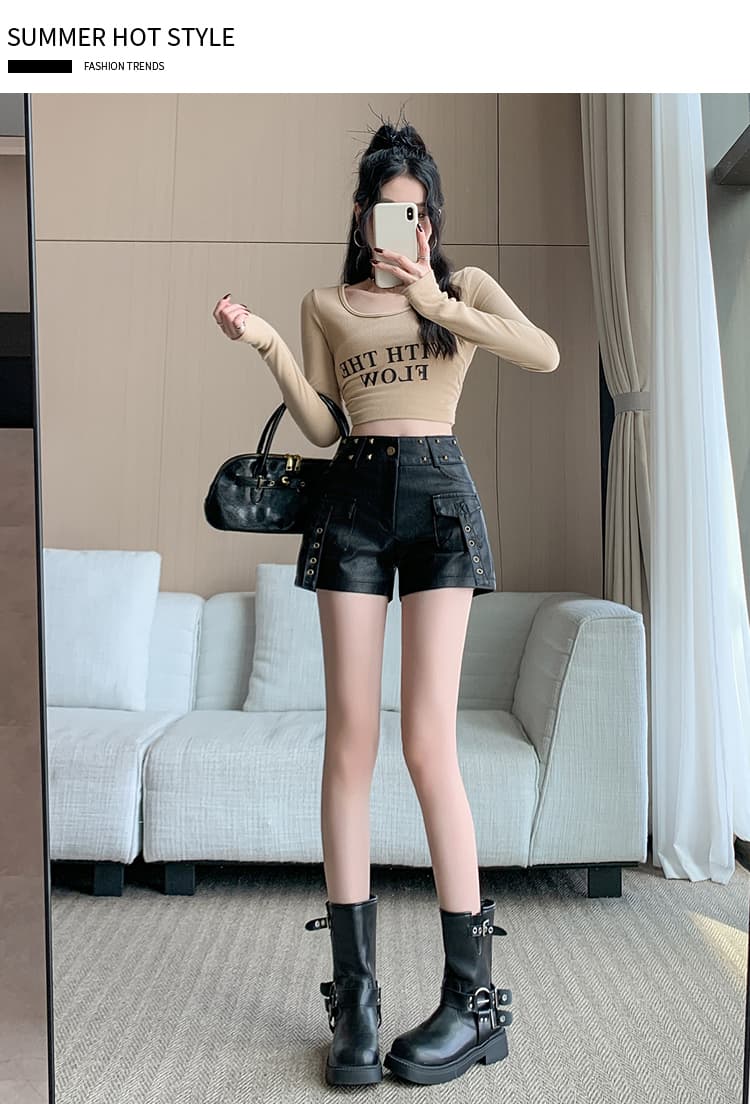 실사 펑크 바람 세련된 핫 바지 좋은 품질 워시 물 pu 가죽 반바지 핫걸 징 타이트 스커트 몸매 가꾸기 앵클 부츠 도서관 상세 이미지 17