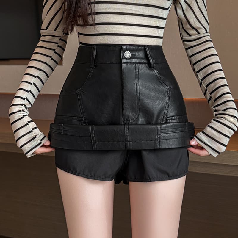 실사 가을 겨울철 차가운 센스 기능 바람 실용적인 주머니 검정색 한 마디 타이트 스커트 pu 워시 물 미니 스커트 반신 스커트 여성 이미지 3