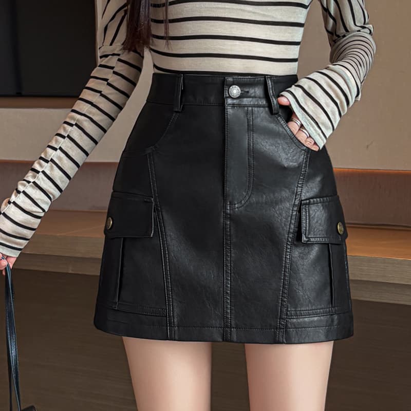 실사 가을 겨울철 차가운 센스 기능 바람 실용적인 주머니 검정색 한 마디 타이트 스커트 pu 워시 물 미니 스커트 반신 스커트 여성 이미지 2
