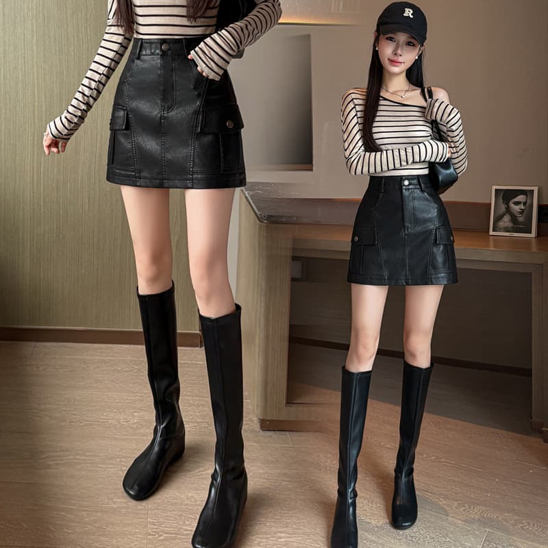실사 가을 겨울철 차가운 센스 기능 바람 실용적인 주머니 검정색 한 마디 타이트 스커트 pu 워시 물 미니 스커트 반신 스커트 여성 이미지 4