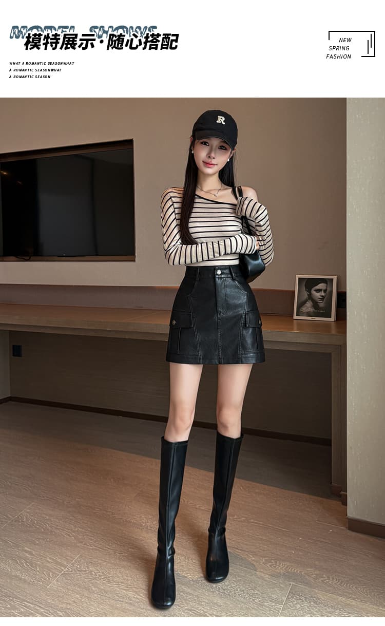 실사 가을 겨울철 차가운 센스 기능 바람 실용적인 주머니 검정색 한 마디 타이트 스커트 pu 워시 물 미니 스커트 반신 스커트 여성 상세 이미지 10