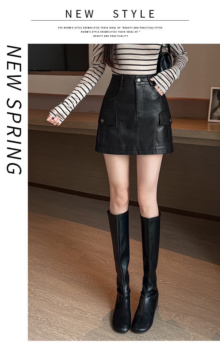 실사 가을 겨울철 차가운 센스 기능 바람 실용적인 주머니 검정색 한 마디 타이트 스커트 pu 워시 물 미니 스커트 반신 스커트 여성 상세 이미지 11