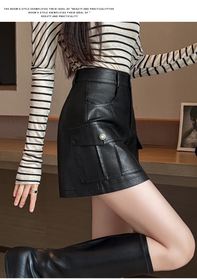 실사 가을 겨울철 차가운 센스 기능 바람 실용적인 주머니 검정색 한 마디 타이트 스커트 pu 워시 물 미니 스커트 반신 스커트 여성 상세 이미지 13