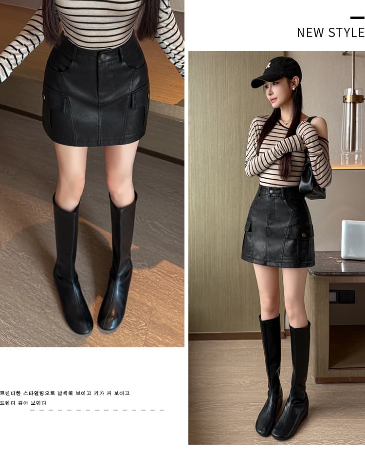실사 가을 겨울철 차가운 센스 기능 바람 실용적인 주머니 검정색 한 마디 타이트 스커트 pu 워시 물 미니 스커트 반신 스커트 여성 상세 이미지 17