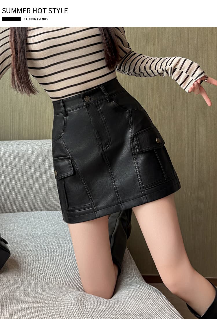 실사 가을 겨울철 차가운 센스 기능 바람 실용적인 주머니 검정색 한 마디 타이트 스커트 pu 워시 물 미니 스커트 반신 스커트 여성 상세 이미지 18