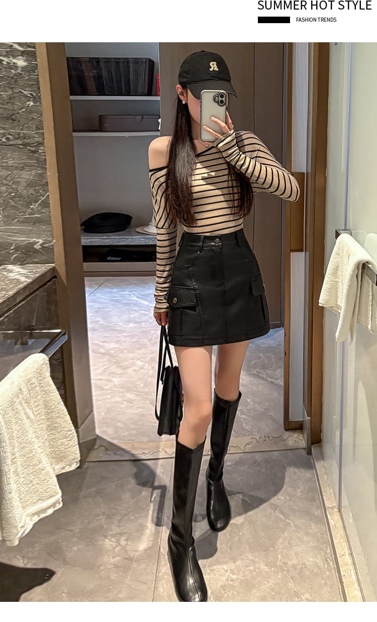 실사 가을 겨울철 차가운 센스 기능 바람 실용적인 주머니 검정색 한 마디 타이트 스커트 pu 워시 물 미니 스커트 반신 스커트 여성 상세 이미지 20