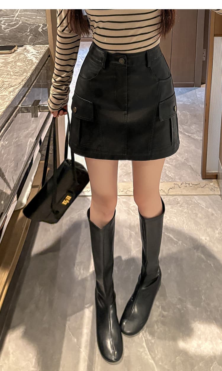 실사 가을 겨울철 차가운 센스 기능 바람 실용적인 주머니 검정색 한 마디 타이트 스커트 pu 워시 물 미니 스커트 반신 스커트 여성 상세 이미지 21