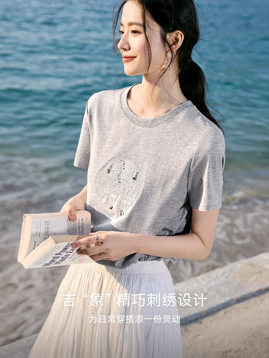 지 코끼리 럭키 품격 낭만주의 자수 비즈 박기 디자인 한 부서 슬림해 보이는 반팔 여름 티셔츠 맨위 이미지 2