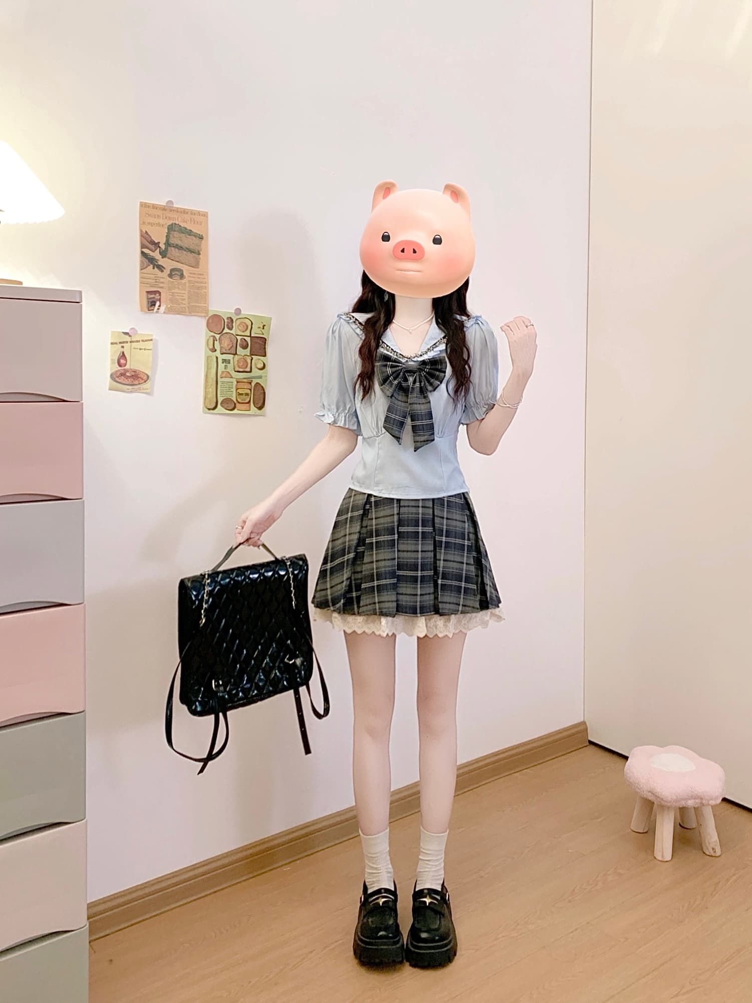 한 스타일 영국식 학원 스타일 세트 여성 작은 키 달콤함 핫걸 나비 매듭 해군 칼라 셔츠 체크무늬 플리츠 스커트 상세 이미지 3