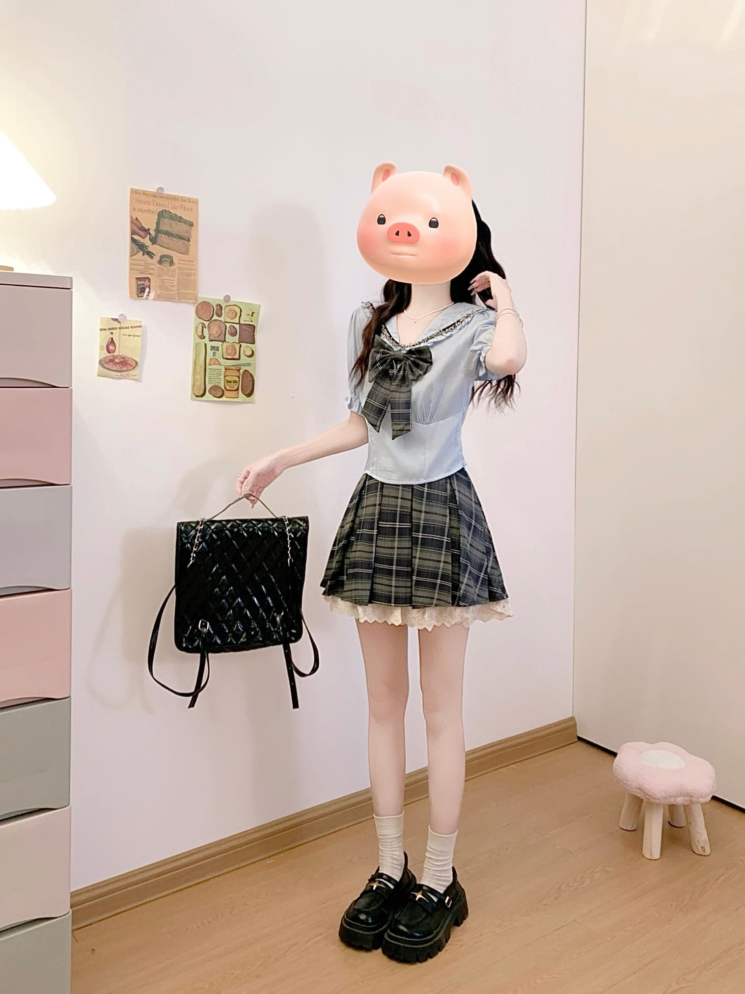 한 스타일 영국식 학원 스타일 세트 여성 작은 키 달콤함 핫걸 나비 매듭 해군 칼라 셔츠 체크무늬 플리츠 스커트 상세 이미지 4