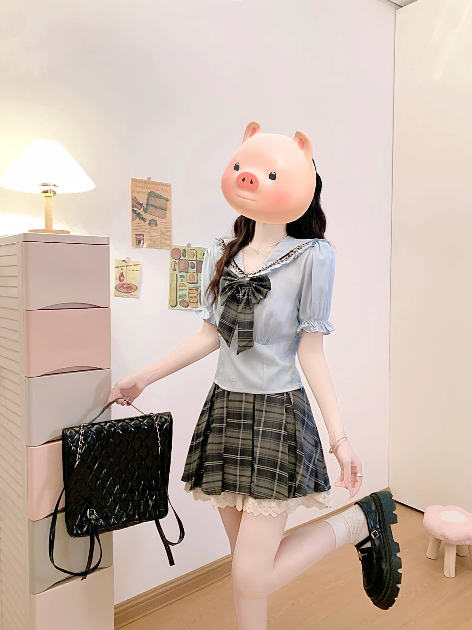 한 스타일 영국식 학원 스타일 세트 여성 작은 키 달콤함 핫걸 나비 매듭 해군 칼라 셔츠 체크무늬 플리츠 스커트 상세 이미지 7