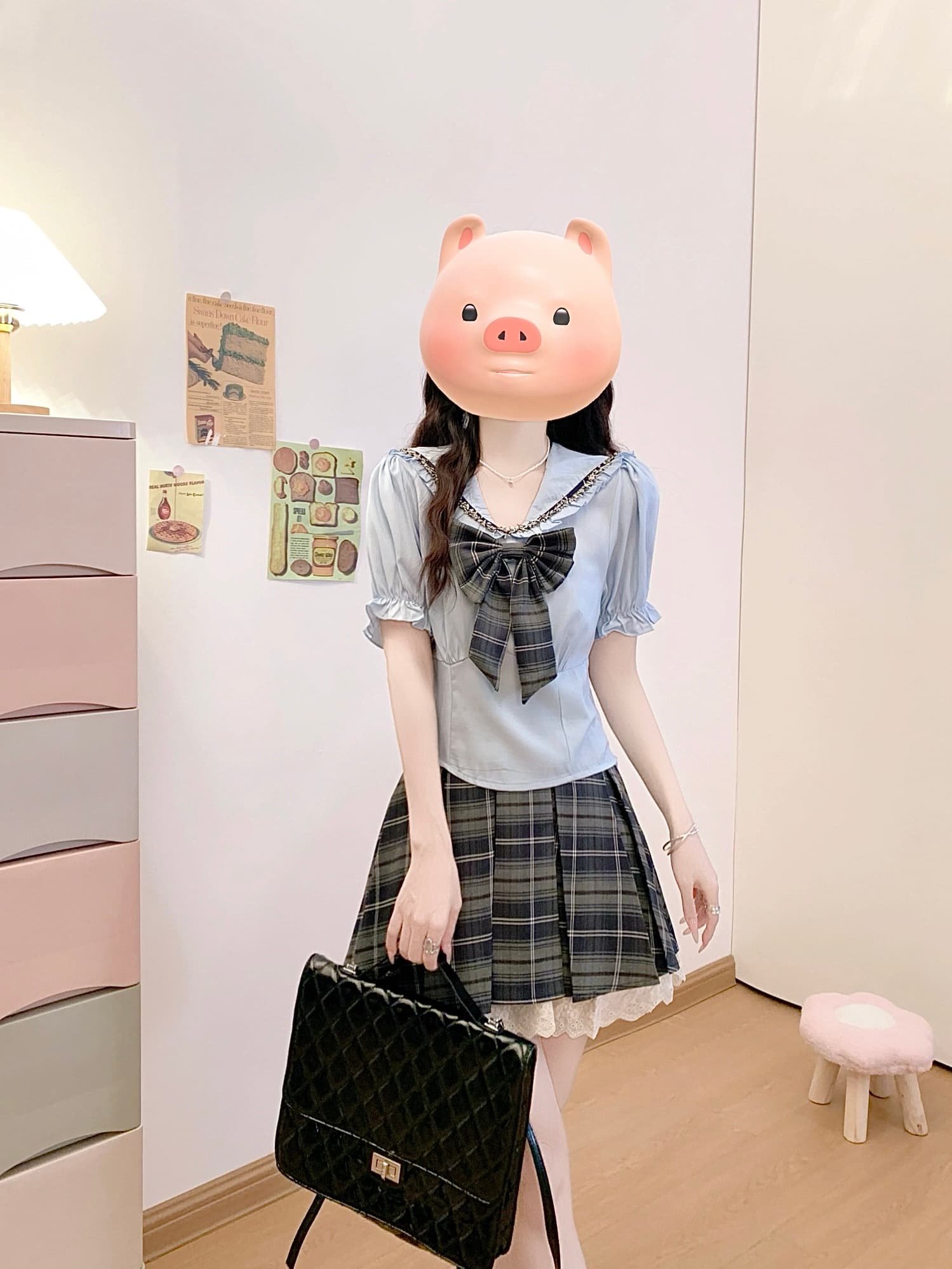 한 스타일 영국식 학원 스타일 세트 여성 작은 키 달콤함 핫걸 나비 매듭 해군 칼라 셔츠 체크무늬 플리츠 스커트 상세 이미지 9