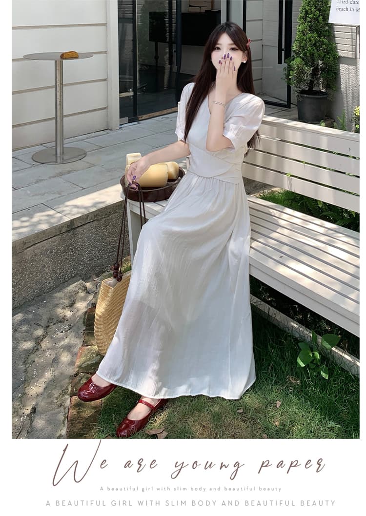 실사 빅 사이즈 프랑스식 차 휴식 부드러운 품격 V넥 여성 드레스 허리 수축 슬림해 보이는 디자인 센스 해변 롱 스커트 상세 이미지 25