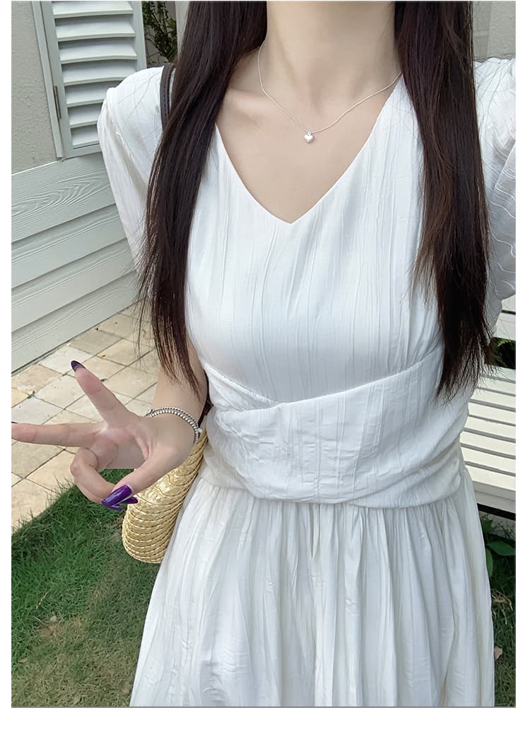 실사 빅 사이즈 프랑스식 차 휴식 부드러운 품격 V넥 여성 드레스 허리 수축 슬림해 보이는 디자인 센스 해변 롱 스커트 상세 이미지 27