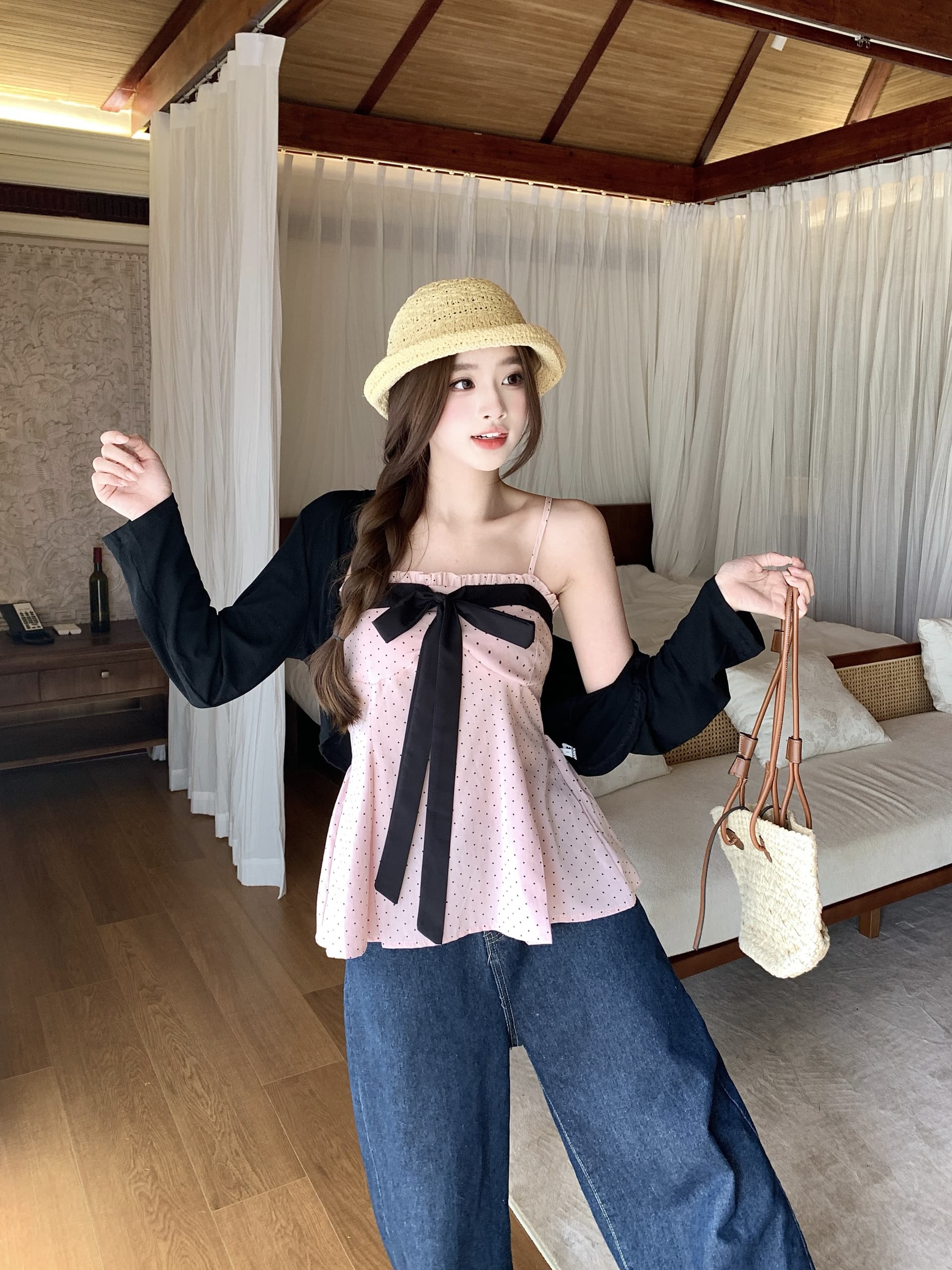 빅 사이즈 지방 mm 달콤함 소녀 바람 도트 무늬 나비 매듭 튜브탑 맨위 두 조각 여성 세트 여름 새로운 달콤한 부서 세트 상세 이미지 10