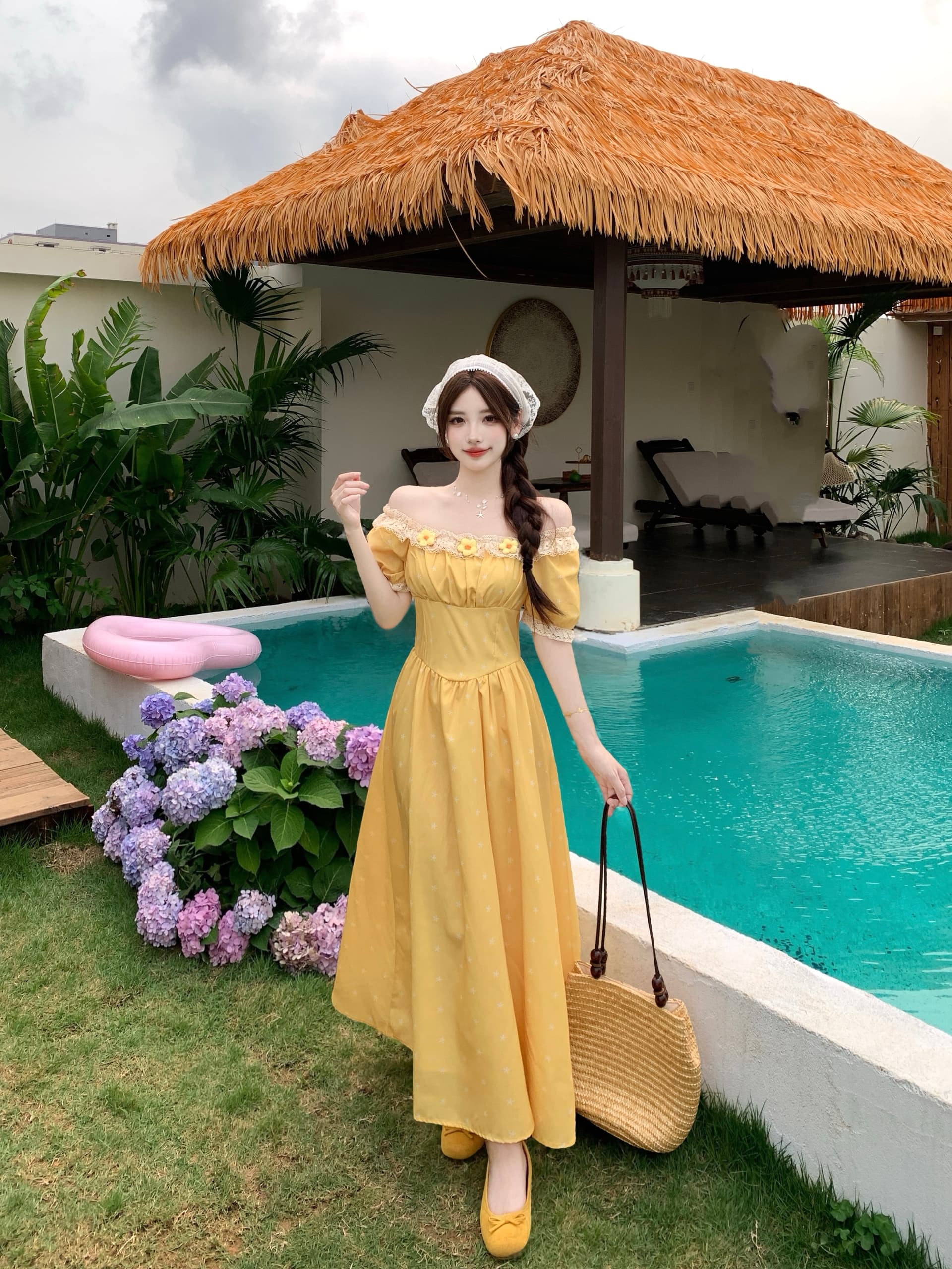 실사 빅 사이즈 여성 의류 프랑스식 황색 여성 드레스 여름 새로운 휴가 바람 고급 센스 하이웨이스트 슬림해 보이는 롱 스커트