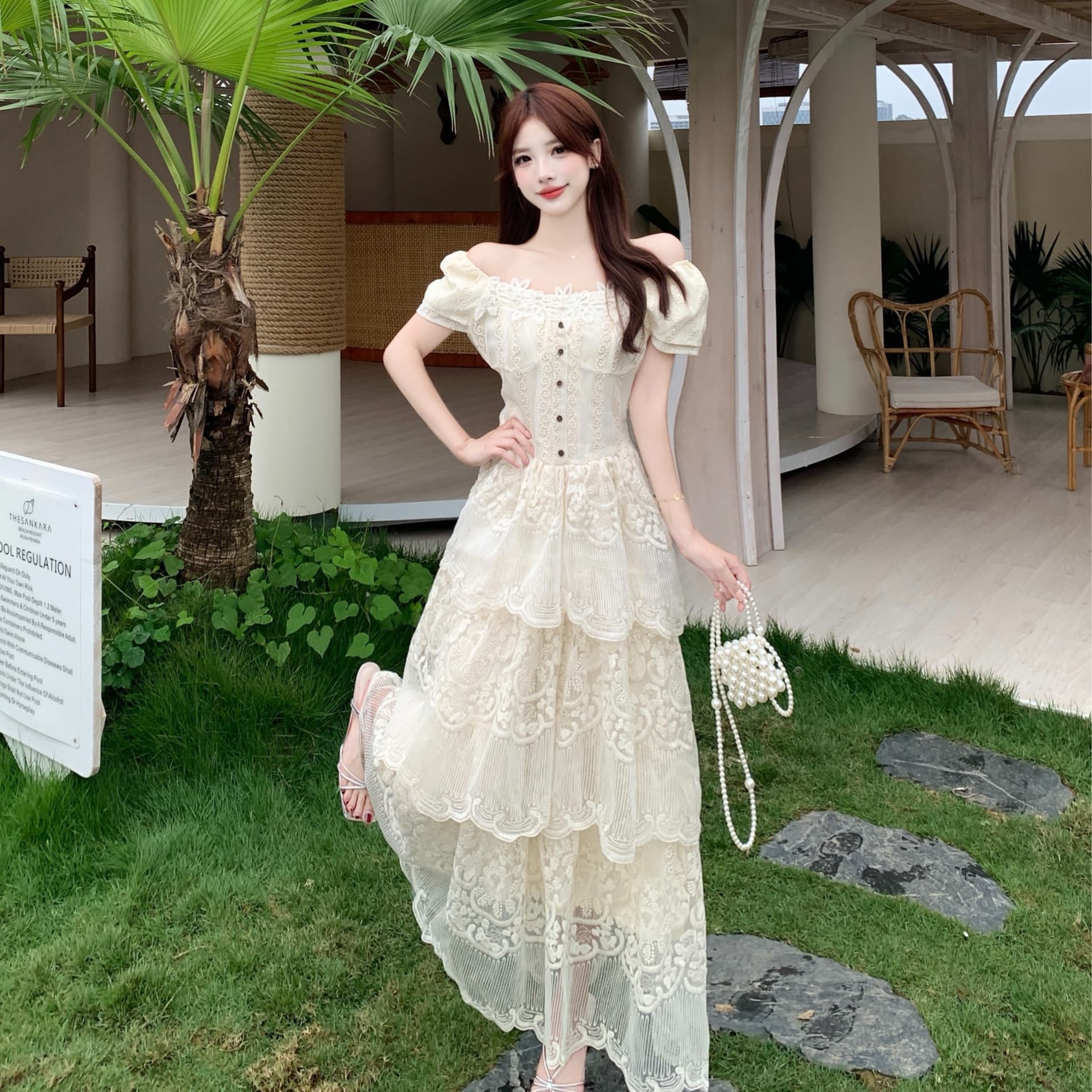 실사 빅 사이즈 마이크로 지방 와일드 꽃이 핌 여름 화이트 홀로우 아웃 레이스 자수 롱 스커트 디자인 센스 허리 수축 케이크 드레스 이미지 2