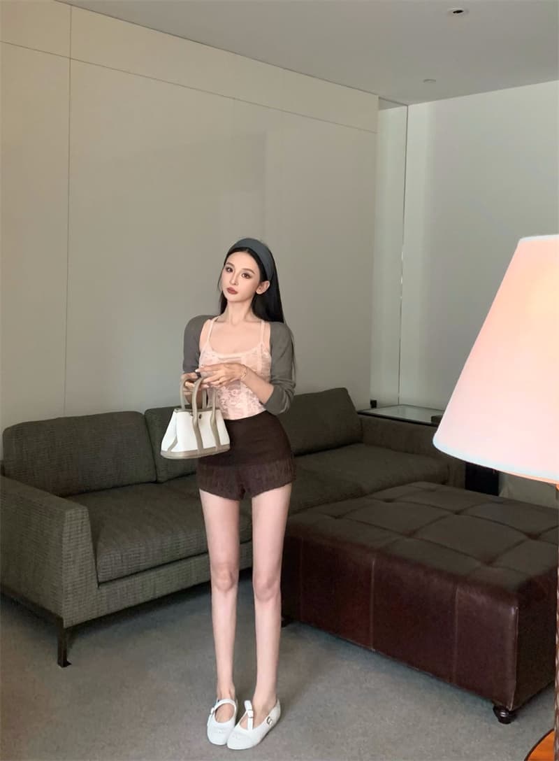 실사 정가 레트로 품격 디자인 센스 순수한 욕망 핫걸 슬립 오픈 가디건 반바지 세트