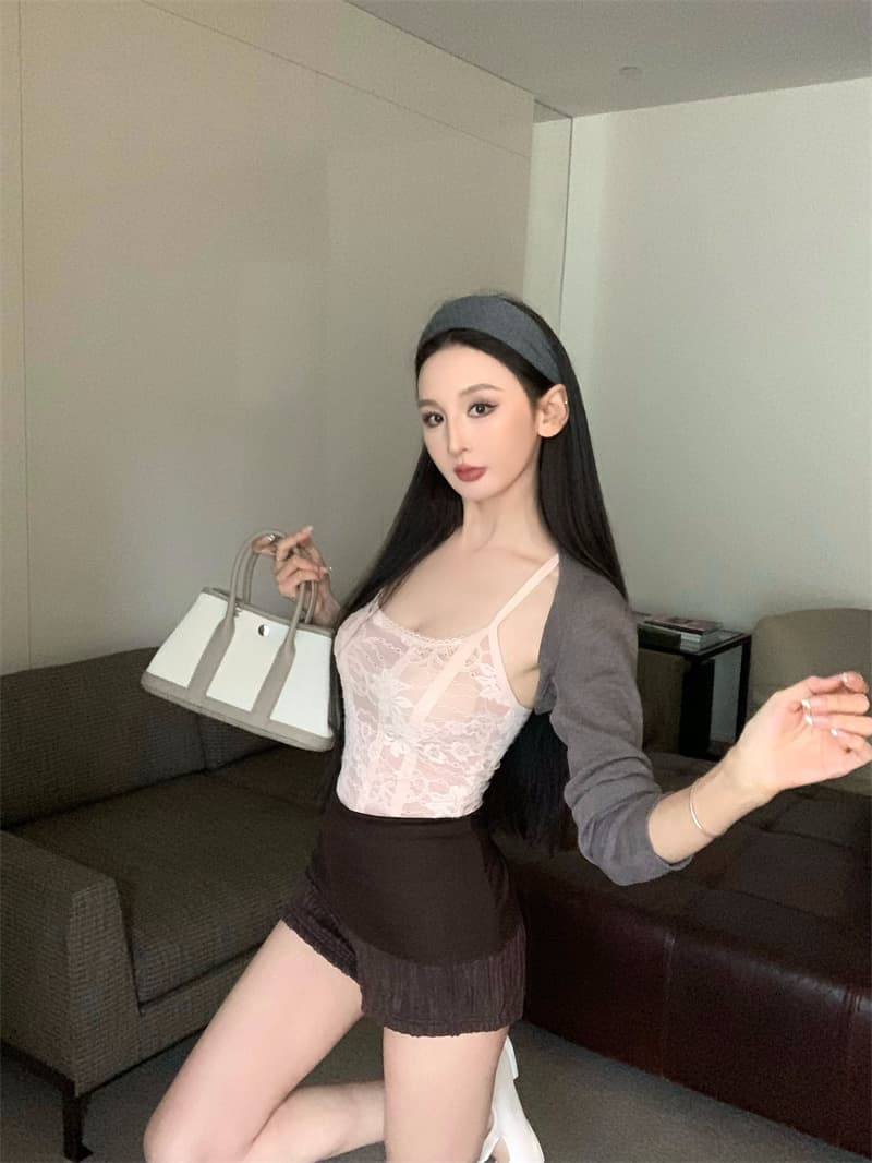 실사 정가 레트로 품격 디자인 센스 순수한 욕망 핫걸 슬립 오픈 가디건 반바지 세트 상세 이미지 9